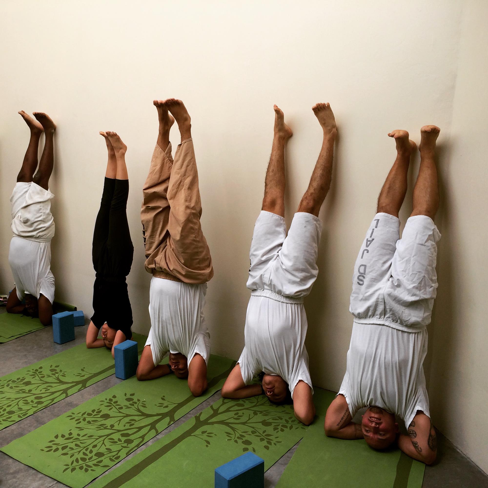Yoga class doing a headstand