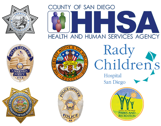 Logos of Sheriff's Dept., HHSA, County, Probation Dept., Chula Vista Police, National City Police, County Parks, Rady Children's Hospital